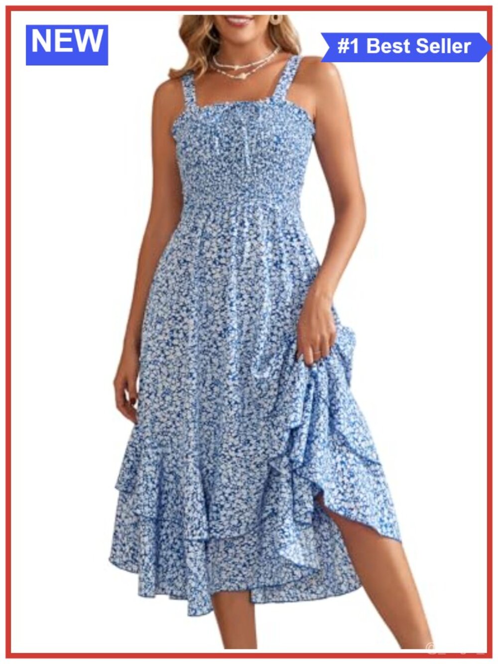 Womens Boho Floral Maxi Dress Square Neck Smocked Tiered Ruffle Sundress with
